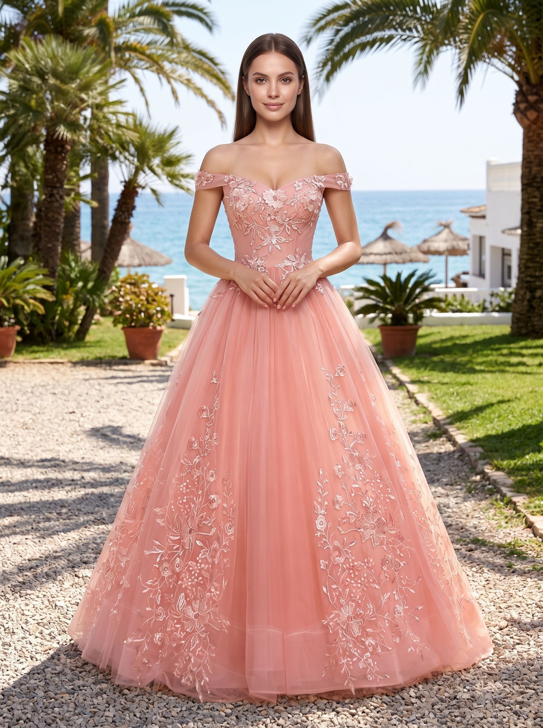 Blush Pink Tulle A-Line Off-the-Shoulder Corset Back Floor-Length Dress with Lace Appliques - Curvevia