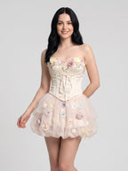 Ivory Tulle A-Line Sweetheart Corset Back Short Dress with 3D Floral Appliques - Curvevia