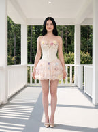 Ivory Tulle A-Line Sweetheart Corset Back Short Dress with 3D Floral Appliques - Curvevia