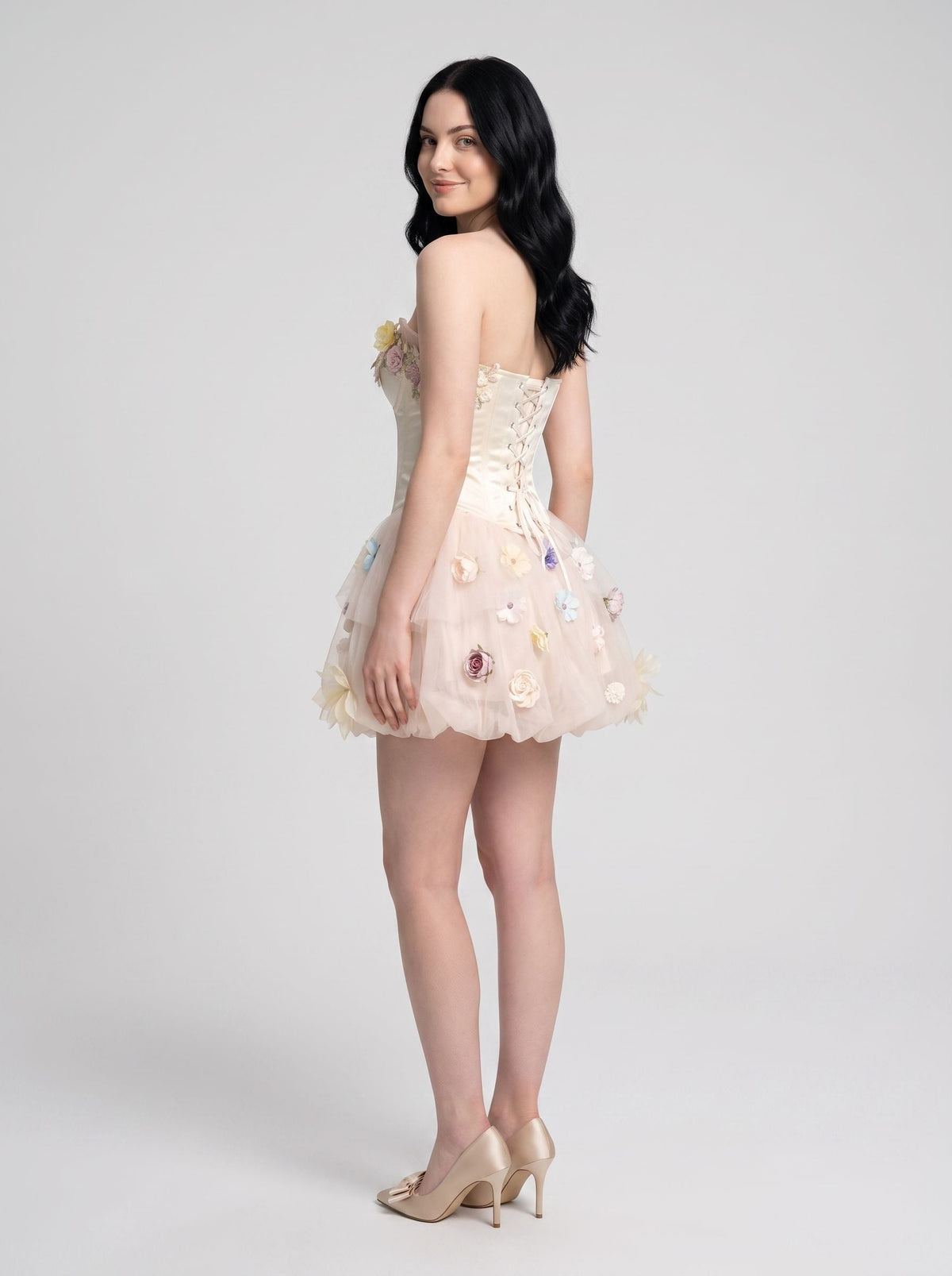 Ivory Tulle A-Line Sweetheart Corset Back Short Dress with 3D Floral Appliques - Curvevia