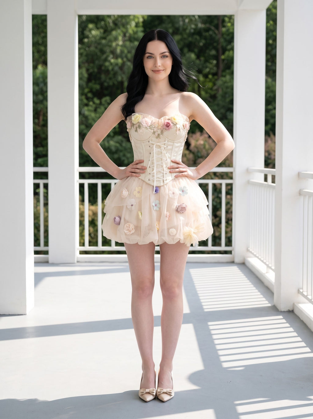 Ivory Tulle A-Line Sweetheart Corset Back Short Dress with 3D Floral Appliques - Curvevia