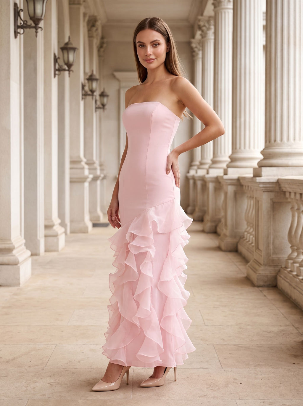 Blushing Pink Satin Sheath Straight Neck Back Zip Floor-Length Dress with Tiered Ruffles - Curvevia