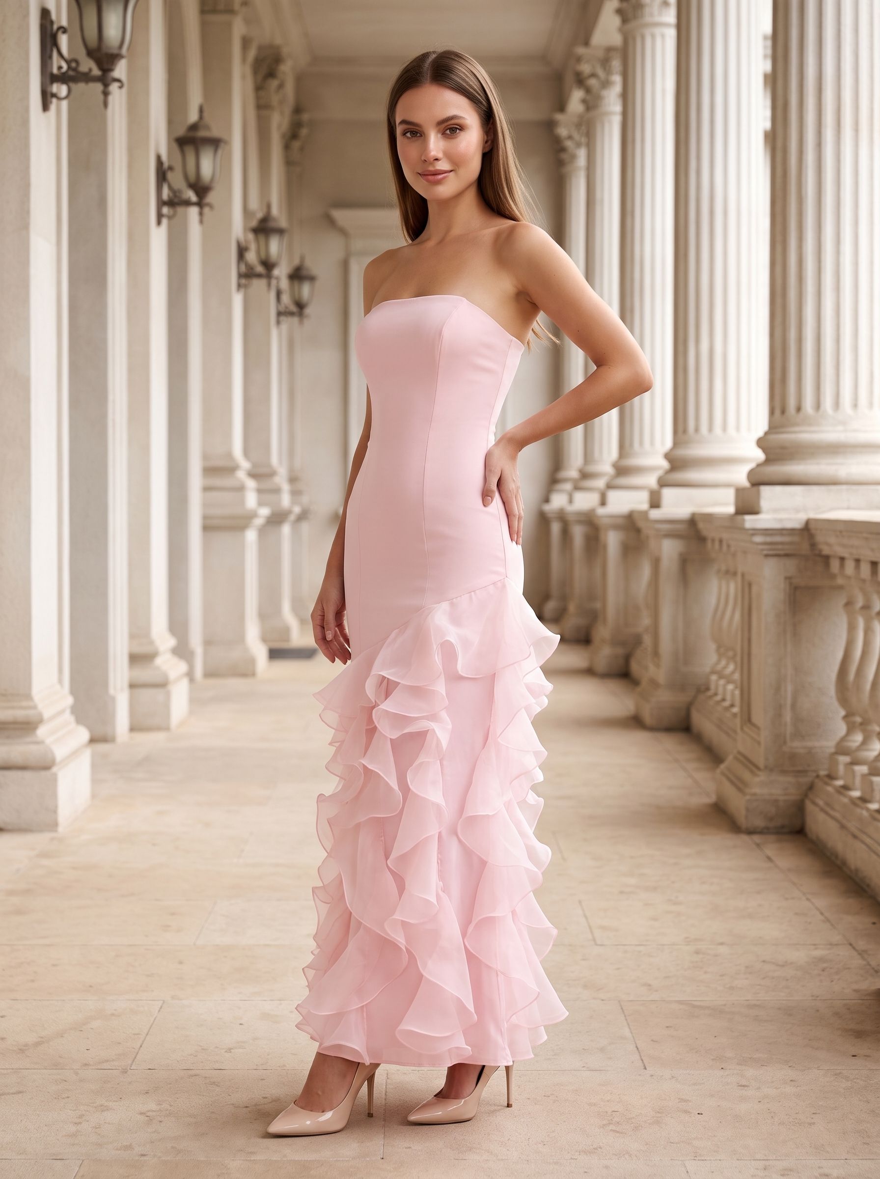Blushing Pink Satin Sheath Straight Neck Back Zip Floor-Length Dress with Tiered Ruffles - Curvevia