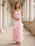 Blushing Pink Satin Sheath Straight Neck Back Zip Floor-Length Dress with Tiered Ruffles - Curvevia