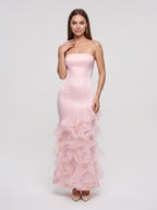 Blushing Pink Satin Sheath Straight Neck Back Zip Floor-Length Dress with Tiered Ruffles - Curvevia