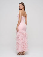 Blushing Pink Satin Sheath Straight Neck Back Zip Floor-Length Dress with Tiered Ruffles - Curvevia