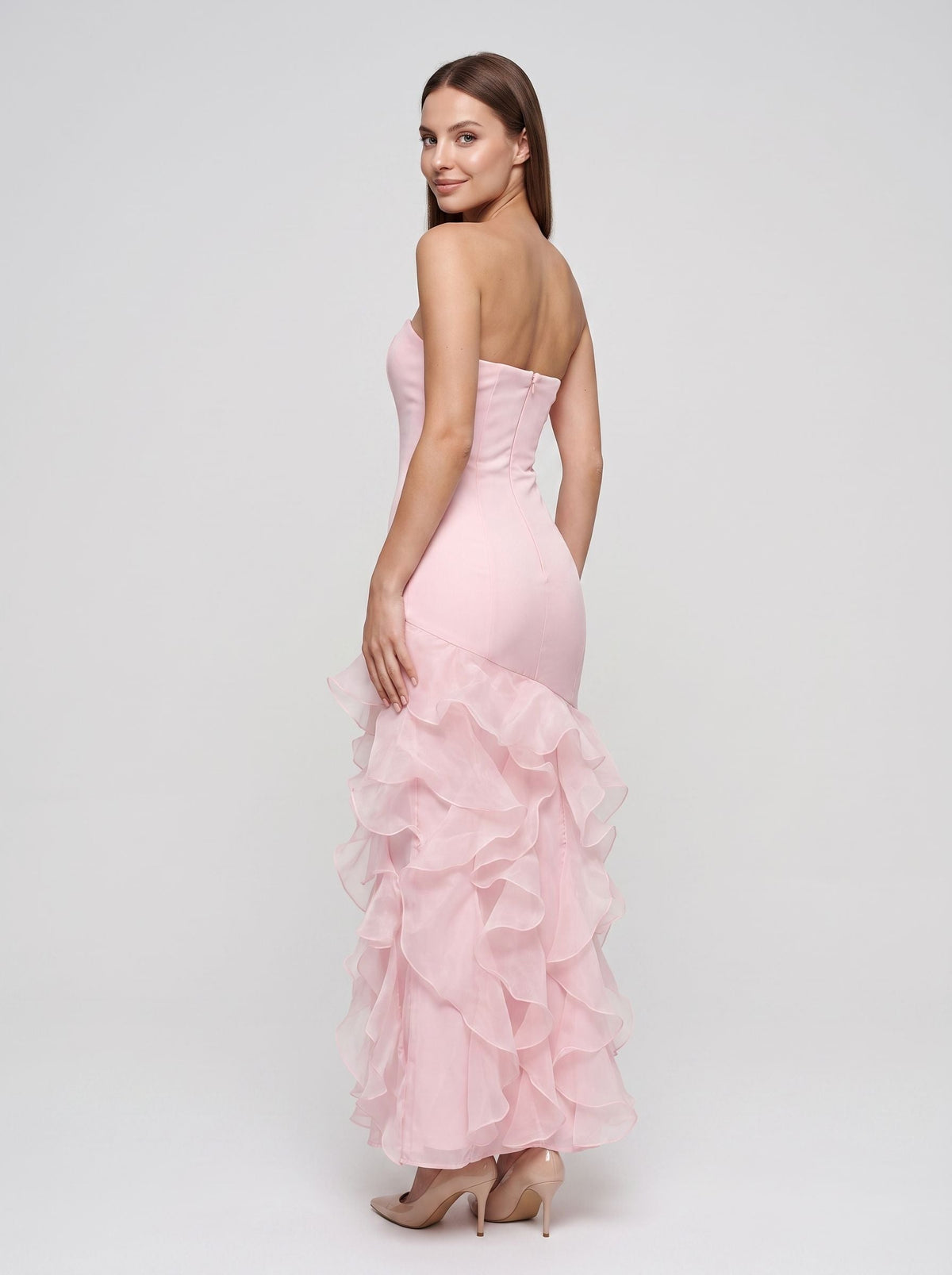 Blushing Pink Satin Sheath Straight Neck Back Zip Floor-Length Dress with Tiered Ruffles - Curvevia