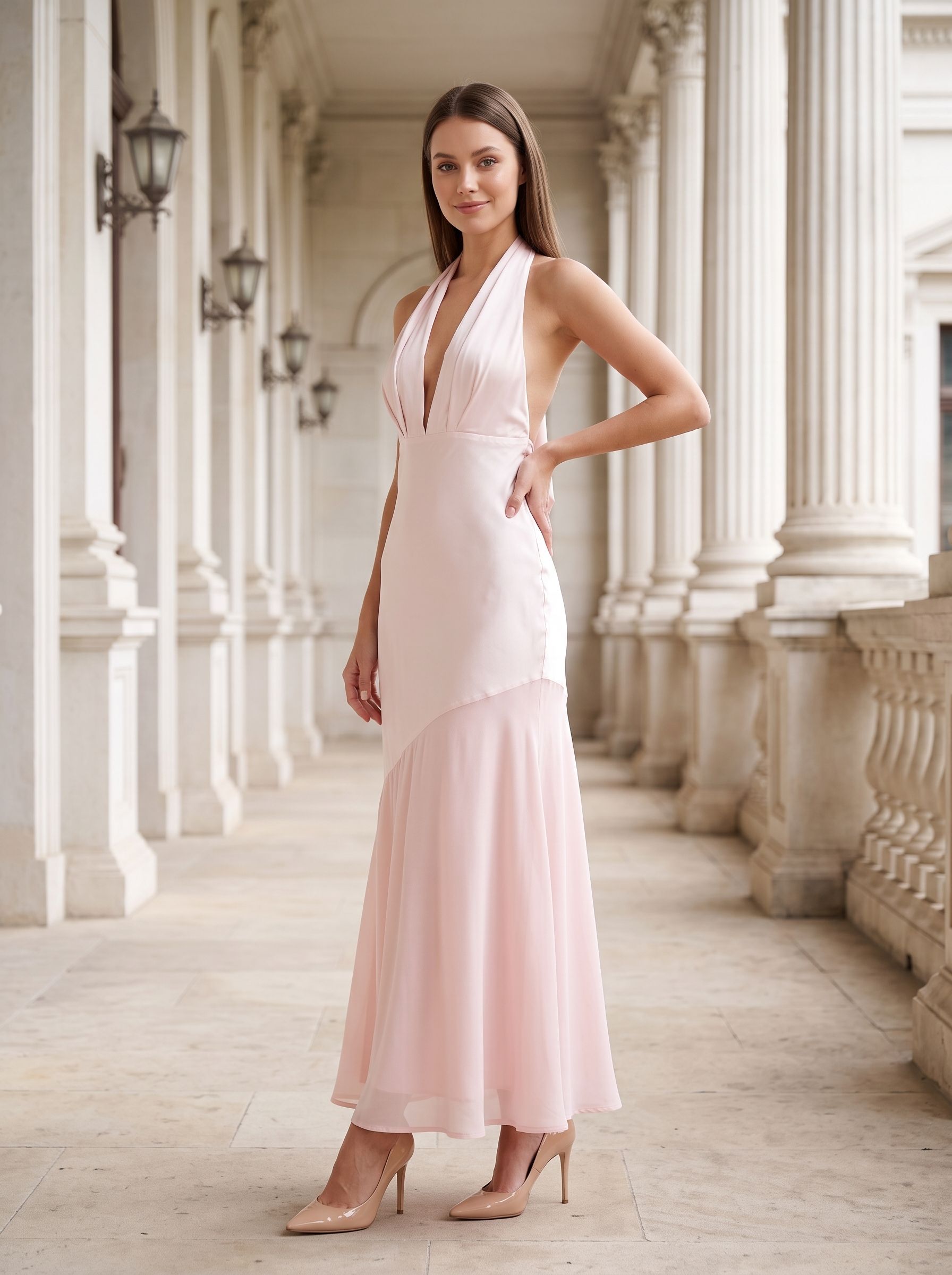 Blushing Pink Satin Column Halter neckline Backless Floor-Length Dress with Tie-neck - Curvevia