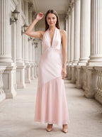 Blushing Pink Satin Column Halter neckline Backless Floor-Length Dress with Tie-neck - Curvevia