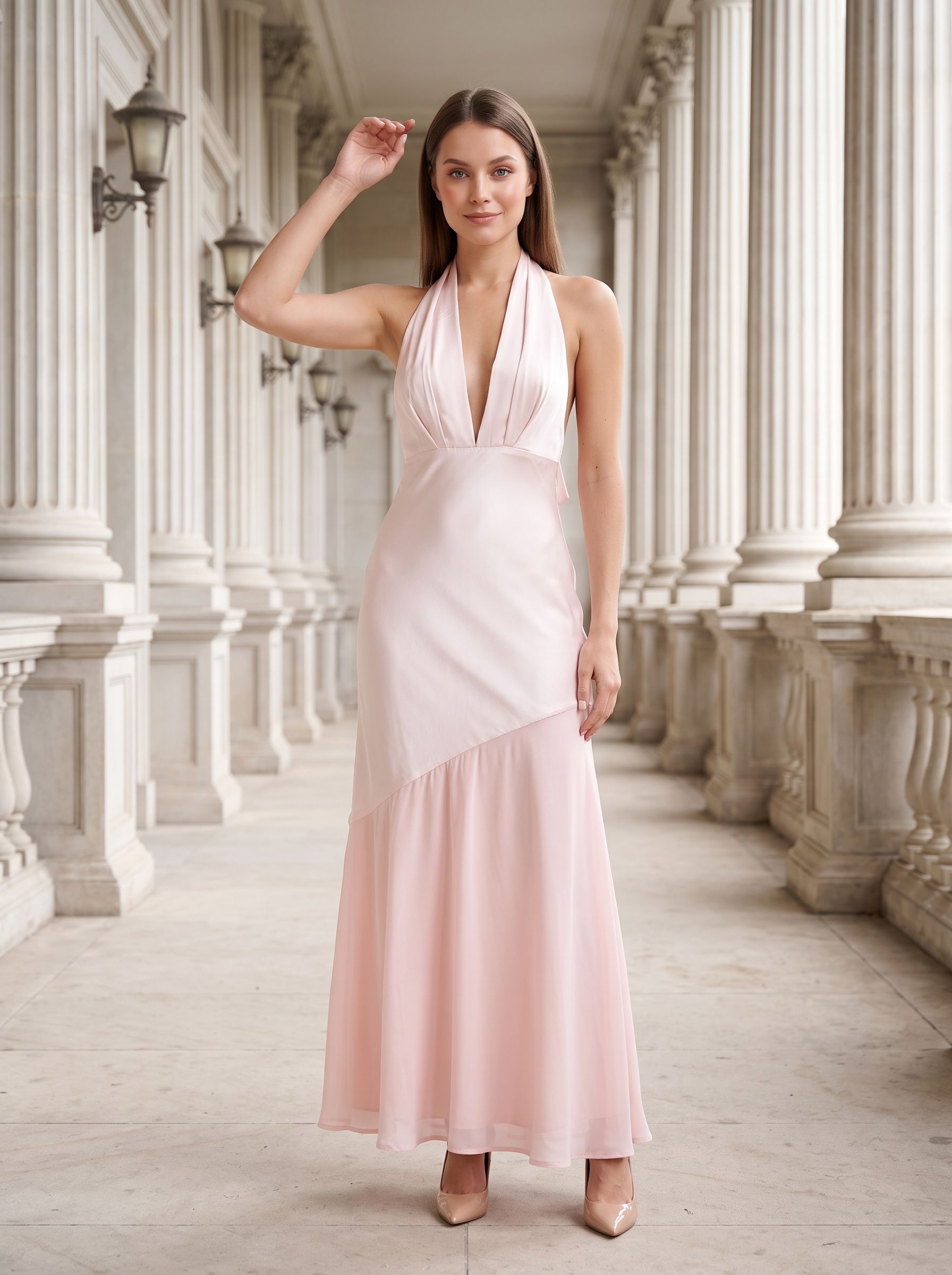 Blushing Pink Satin Column Halter neckline Backless Floor-Length Dress with Tie-neck - Curvevia