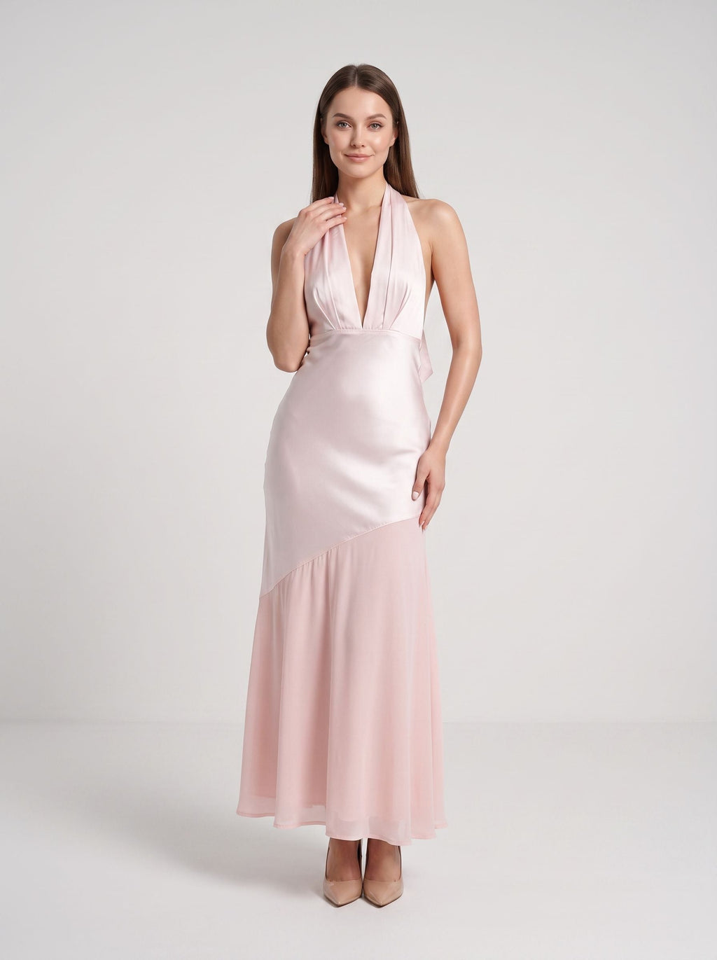 Blushing Pink Satin Column Halter neckline Backless Floor-Length Dress with Tie-neck - Curvevia