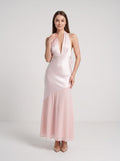 Blushing Pink Satin Column Halter neckline Backless Floor-Length Dress with Tie-neck - Curvevia