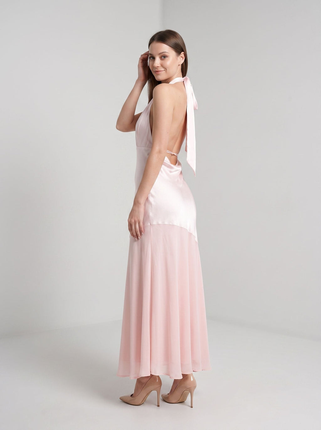 Blushing Pink Satin Column Halter neckline Backless Floor-Length Dress with Tie-neck - Curvevia