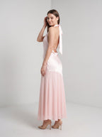 Blushing Pink Satin Column Halter neckline Backless Floor-Length Dress with Tie-neck - Curvevia