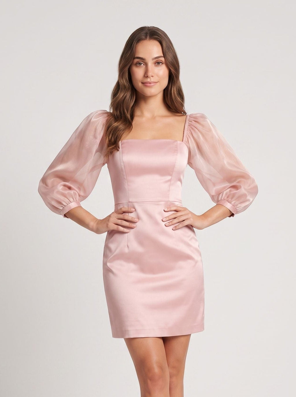 Blushing Pink Satin Sheath Square Neck Back Zip Mini Dress with Puff Sleeves - Curvevia