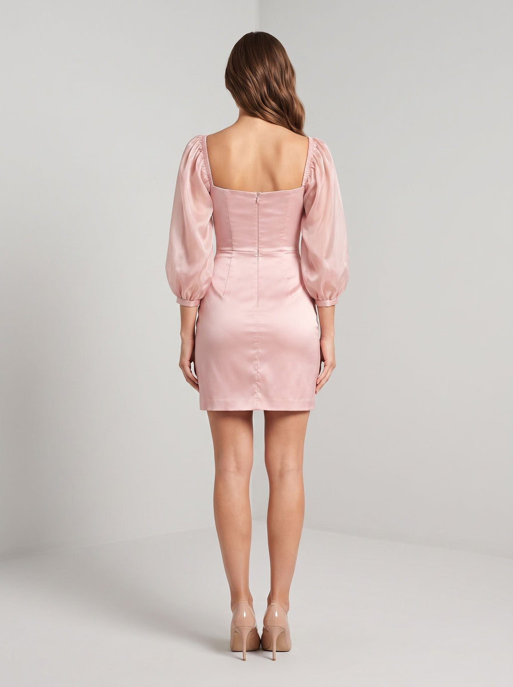 Blushing Pink Satin Sheath Square Neck Back Zip Mini Dress with Puff Sleeves - Curvevia