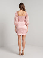 Blushing Pink Satin Sheath Square Neck Back Zip Mini Dress with Puff Sleeves - Curvevia
