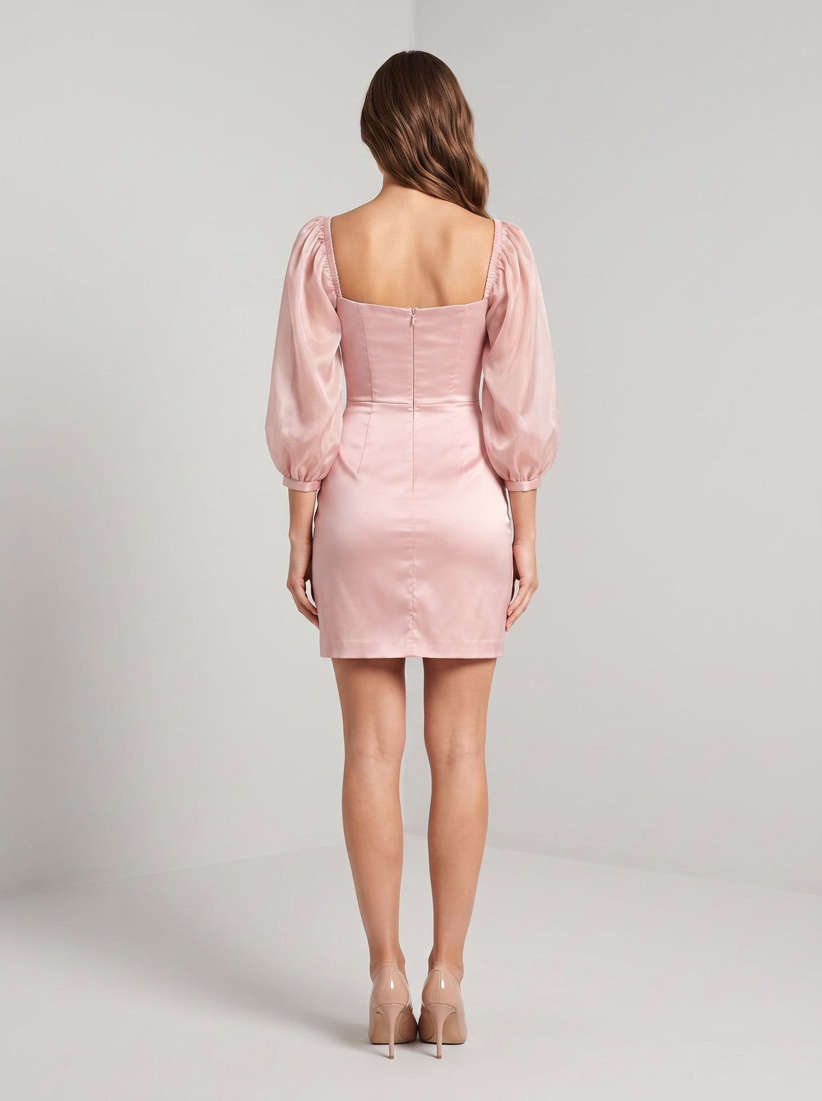 Blushing Pink Satin Sheath Square Neck Back Zip Mini Dress with Puff Sleeves - Curvevia