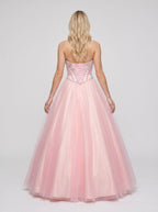 Blushing Pink Tulle A-Line Sweetheart Lace-up Floor-Length Dress with Rhinestone Bust - Curvevia