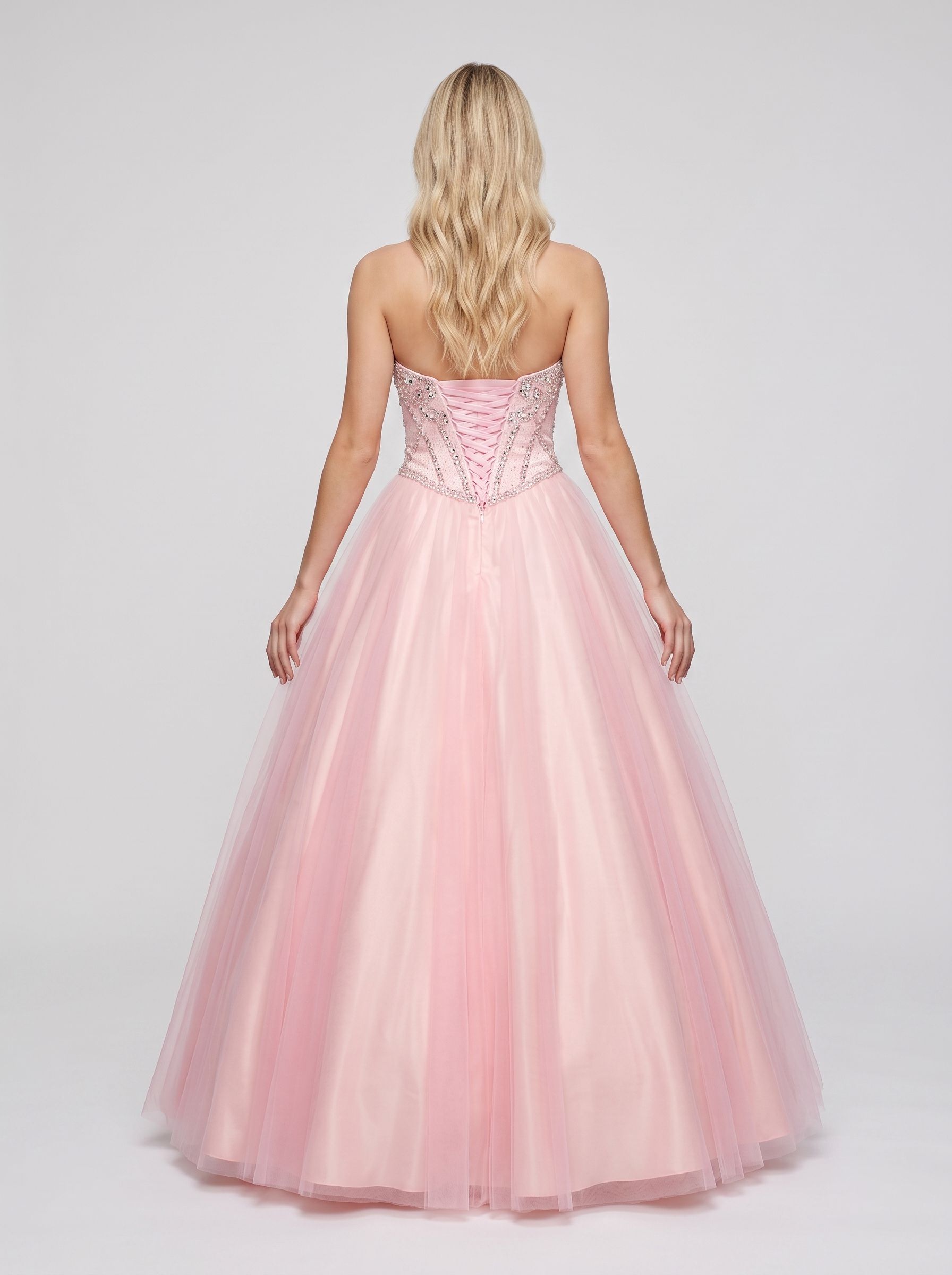 Blushing Pink Tulle A-Line Sweetheart Lace-up Floor-Length Dress with Rhinestone Bust - Curvevia