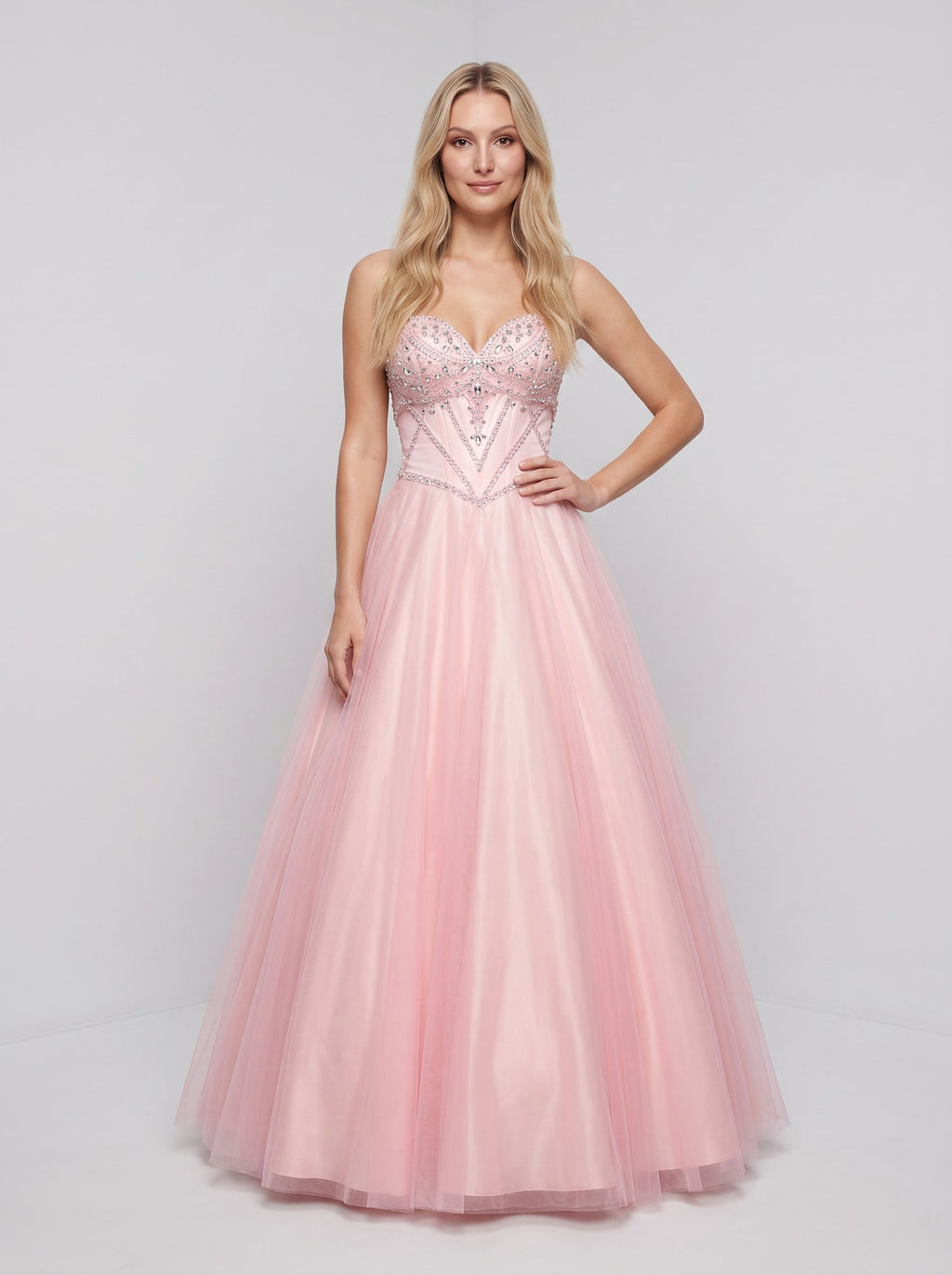 Blushing Pink Tulle A-Line Sweetheart Lace-up Floor-Length Dress with Rhinestone Bust - Curvevia