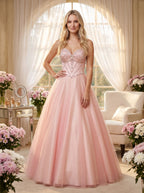 Blushing Pink Tulle A-Line Sweetheart Lace-up Floor-Length Dress with Rhinestone Bust - Curvevia