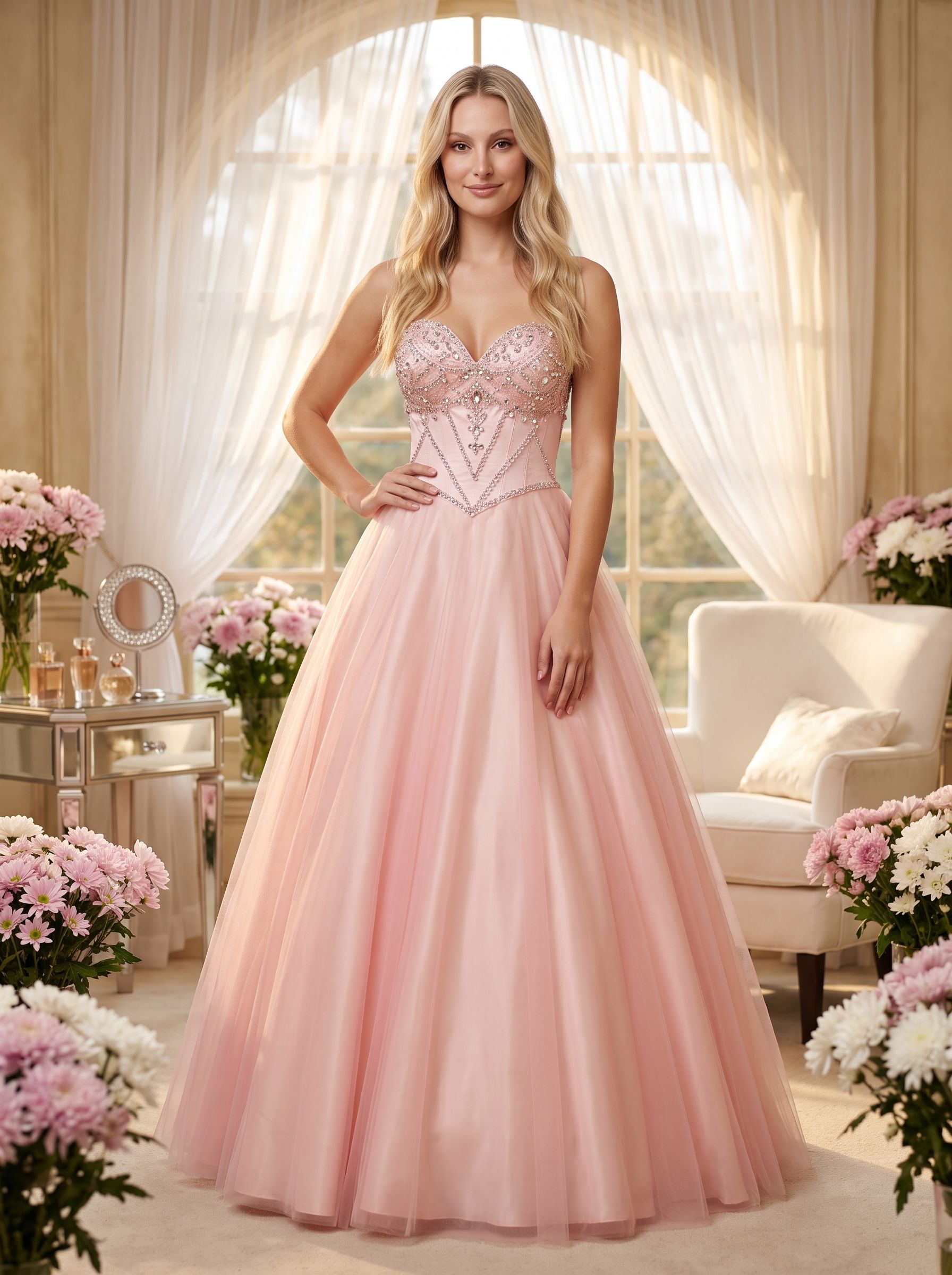 Blushing Pink Tulle A-Line Sweetheart Lace-up Floor-Length Dress with Rhinestone Bust - Curvevia