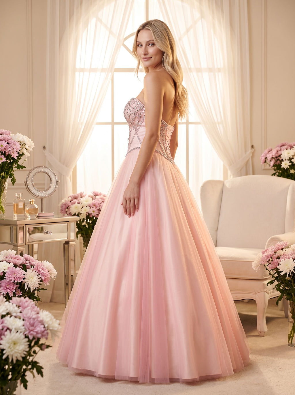 Blushing Pink Tulle A-Line Sweetheart Lace-up Floor-Length Dress with Rhinestone Bust - Curvevia
