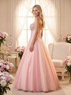 Blushing Pink Tulle A-Line Sweetheart Lace-up Floor-Length Dress with Rhinestone Bust - Curvevia