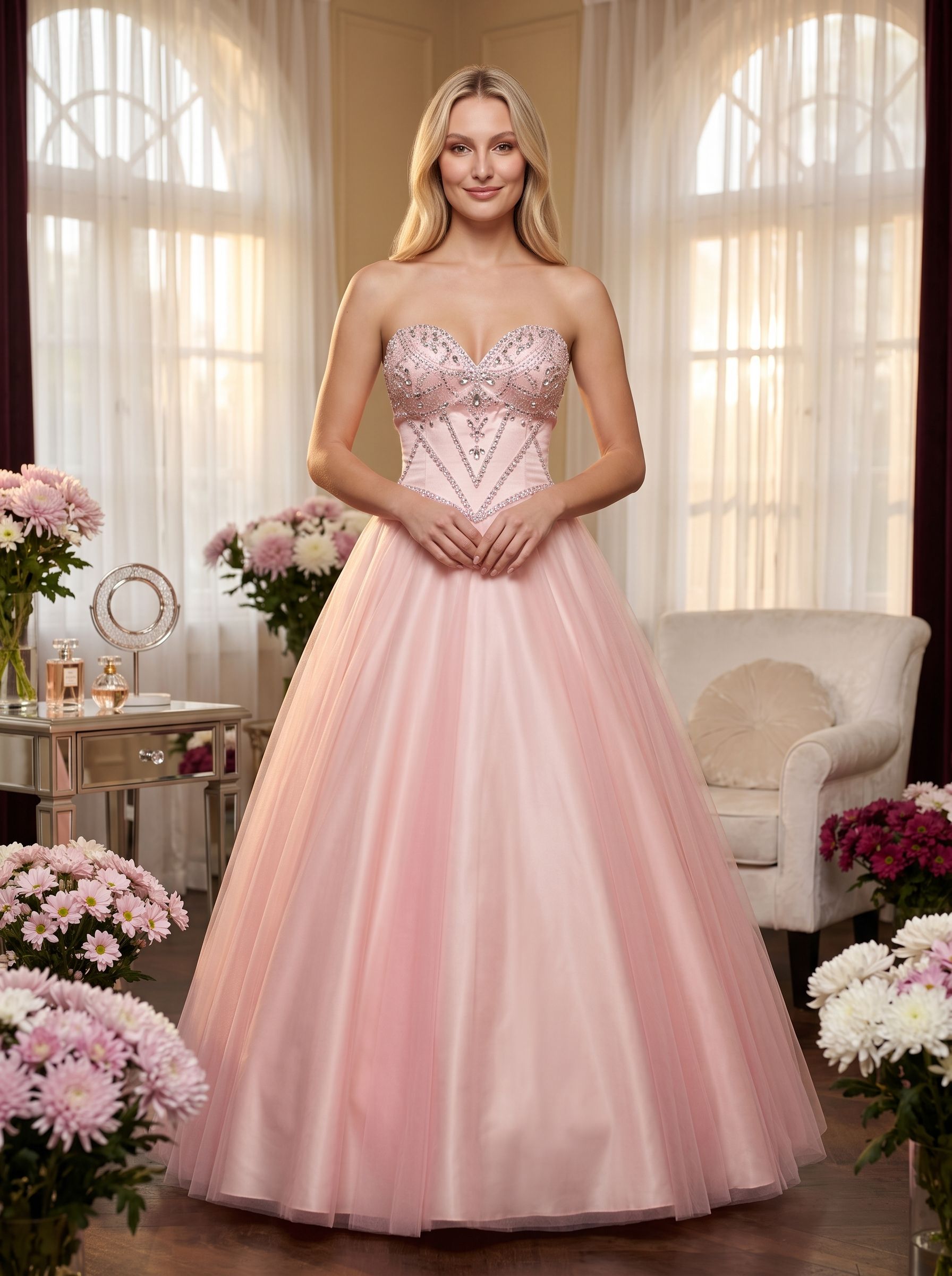 Blushing Pink Tulle A-Line Sweetheart Lace-up Floor-Length Dress with Rhinestone Bust - Curvevia