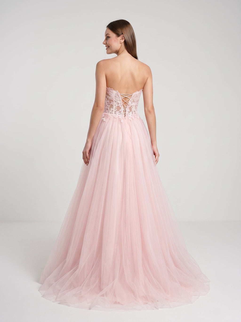 Blushing Pink Tulle A-Line Sweetheart Lace-up Floor-Length Dress with Lace Applique - Curvevia
