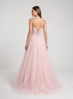 Blushing Pink Tulle A-Line Sweetheart Lace-up Floor-Length Dress with Lace Applique - Curvevia