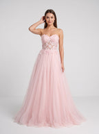 Blushing Pink Tulle A-Line Sweetheart Lace-up Floor-Length Dress with Lace Applique - Curvevia