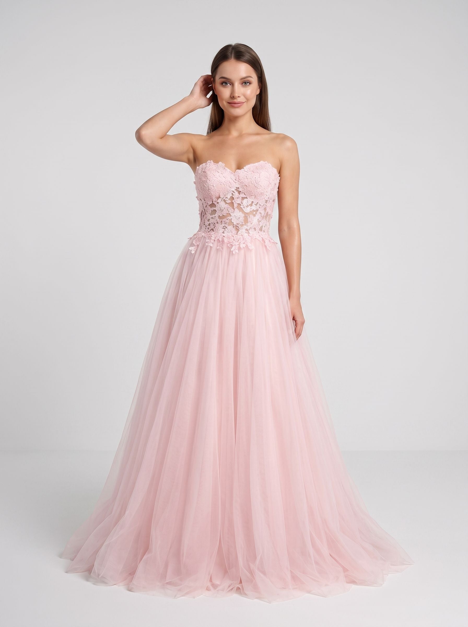 Blushing Pink Tulle A-Line Sweetheart Lace-up Floor-Length Dress with Lace Applique - Curvevia