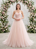 Blushing Pink Tulle A-Line Sweetheart Lace-up Floor-Length Dress with Lace Applique - Curvevia