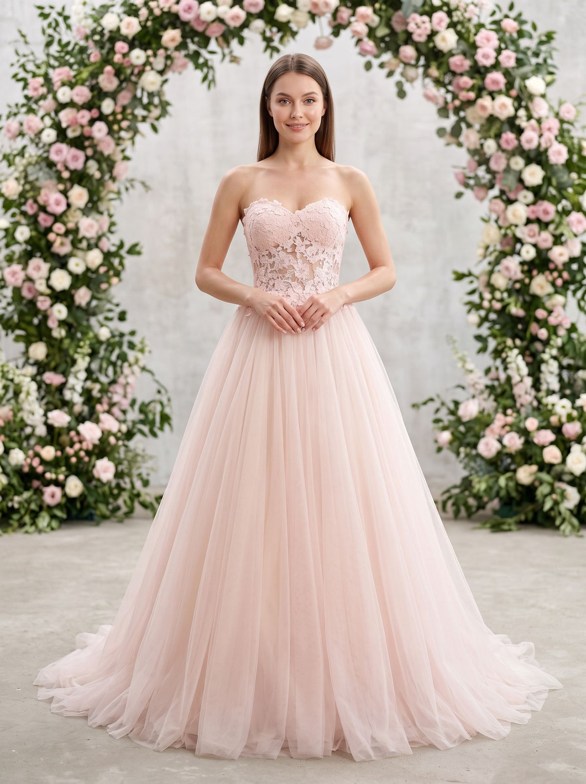 Blushing Pink Tulle A-Line Sweetheart Lace-up Floor-Length Dress with Lace Applique - Curvevia