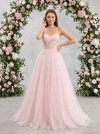 Blushing Pink Tulle A-Line Sweetheart Lace-up Floor-Length Dress with Lace Applique - Curvevia