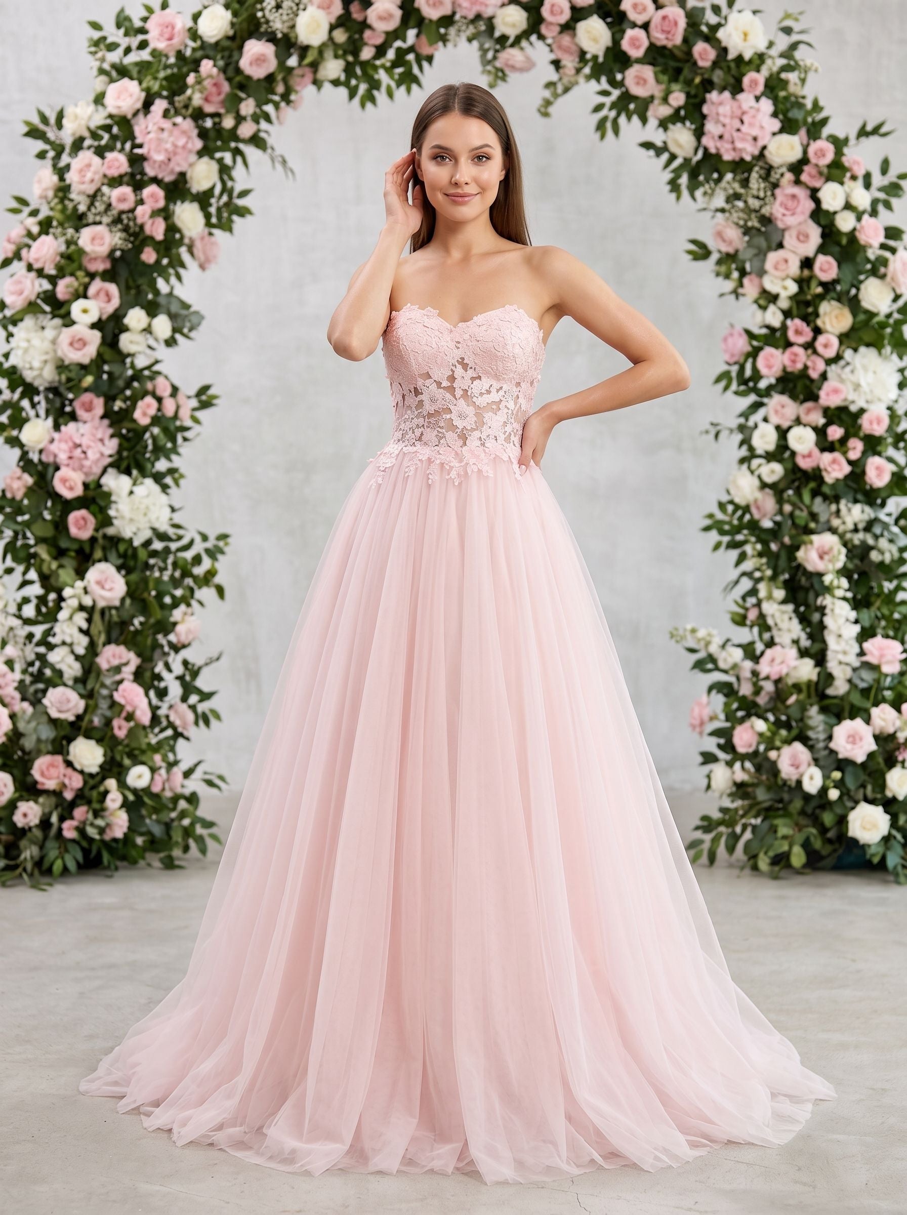 Blushing Pink Tulle A-Line Sweetheart Lace-up Floor-Length Dress with Lace Applique - Curvevia