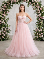 Blushing Pink Tulle A-Line Sweetheart Lace-up Floor-Length Dress with Lace Applique - Curvevia