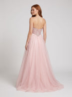 Blush Tulle A-Line Sweetheart Corset Back Floor-Length Dress with Beaded Bodice and Glitter - Curvevia