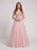 Blush Tulle A-Line Sweetheart Corset Back Floor-Length Dress with Beaded Bodice and Glitter - Curvevia