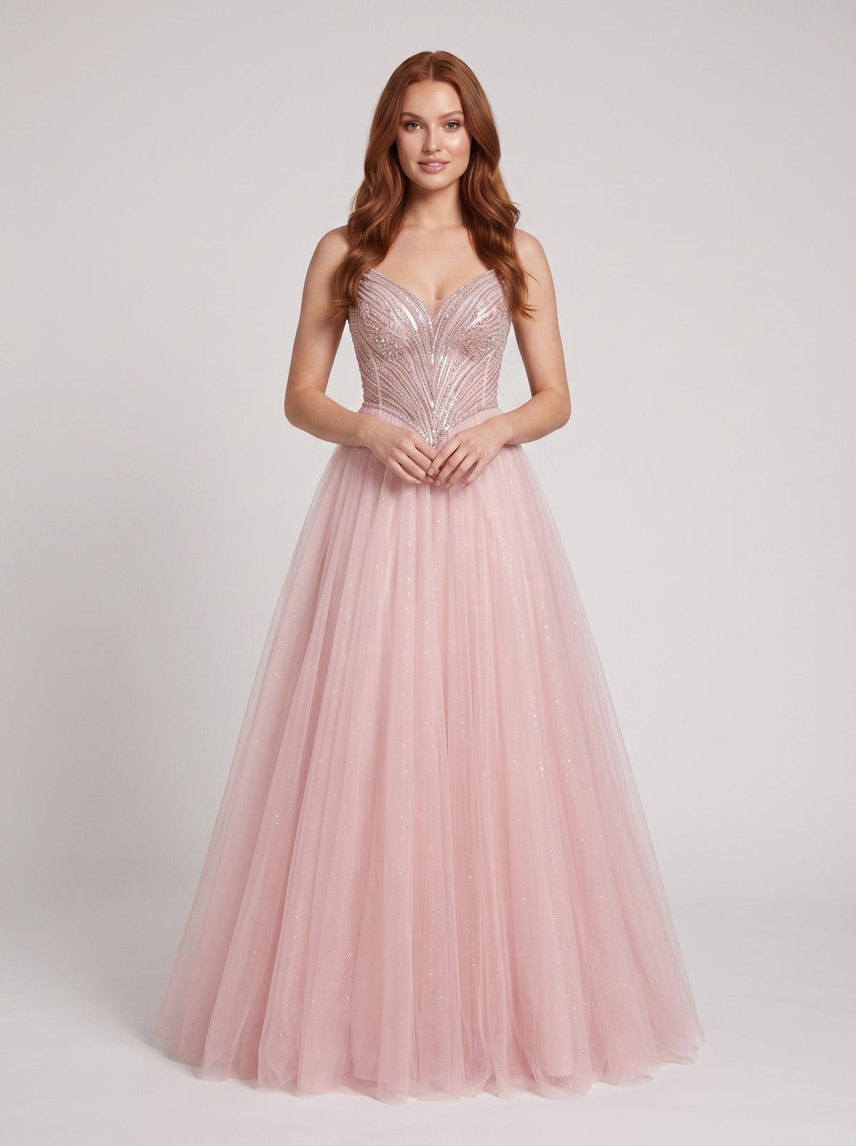 Blush Tulle A-Line Sweetheart Corset Back Floor-Length Dress with Beaded Bodice and Glitter - Curvevia