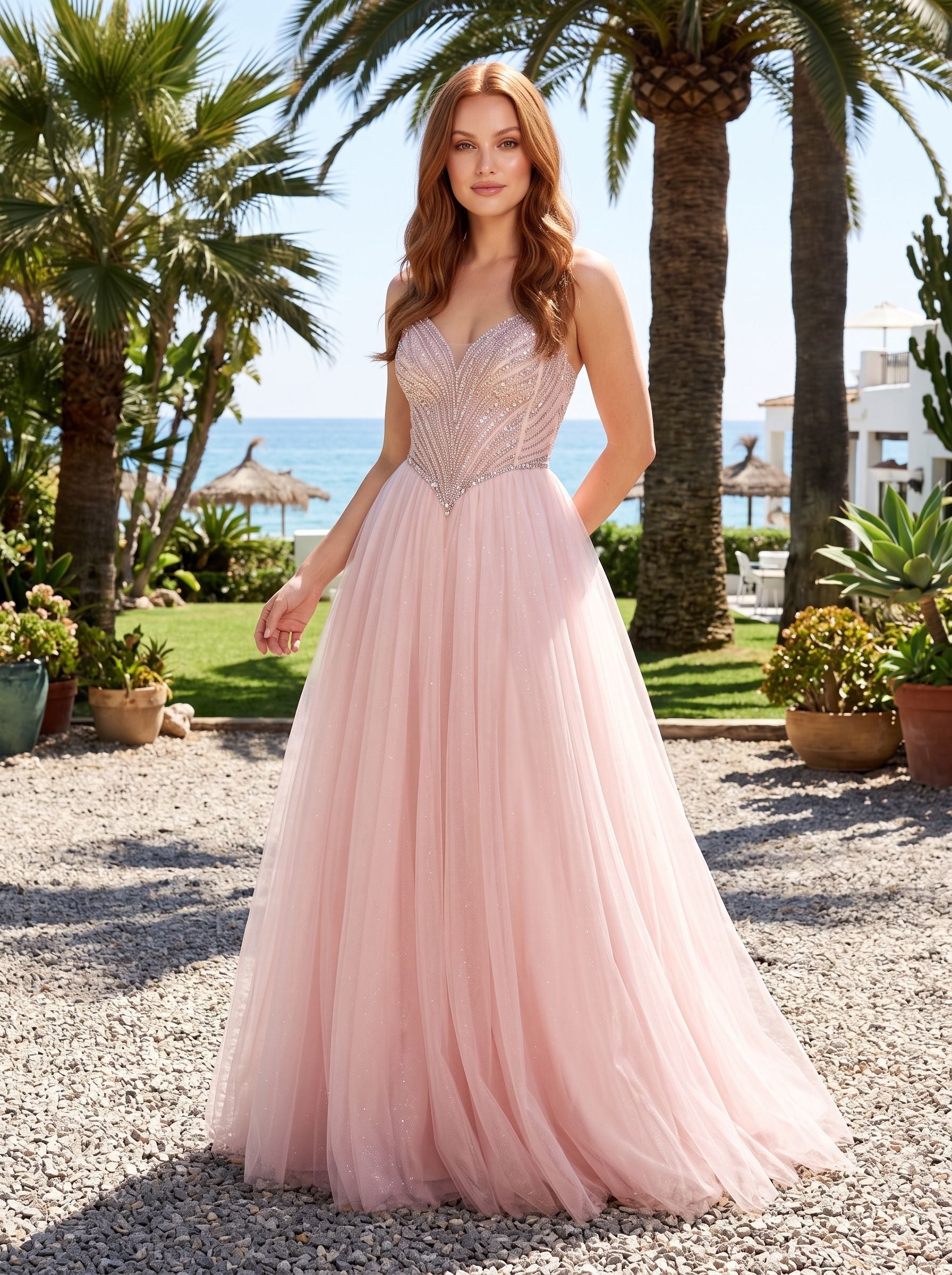 Blush Tulle A-Line Sweetheart Corset Back Floor-Length Dress with Beaded Bodice and Glitter - Curvevia