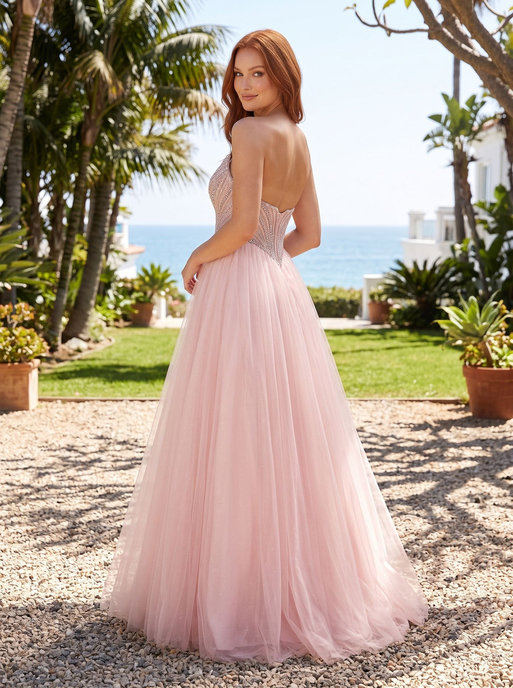 Blush Tulle A-Line Sweetheart Corset Back Floor-Length Dress with Beaded Bodice and Glitter - Curvevia