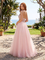 Blush Tulle A-Line Sweetheart Corset Back Floor-Length Dress with Beaded Bodice and Glitter - Curvevia