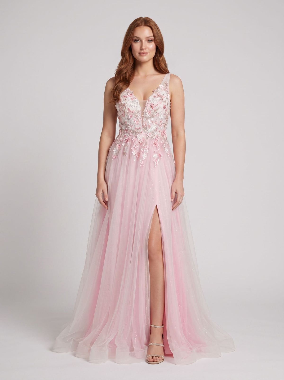 Blush Tulle A-Line V-Neck V-Back Floor-Length Dress with 3D floral appliques - Curvevia
