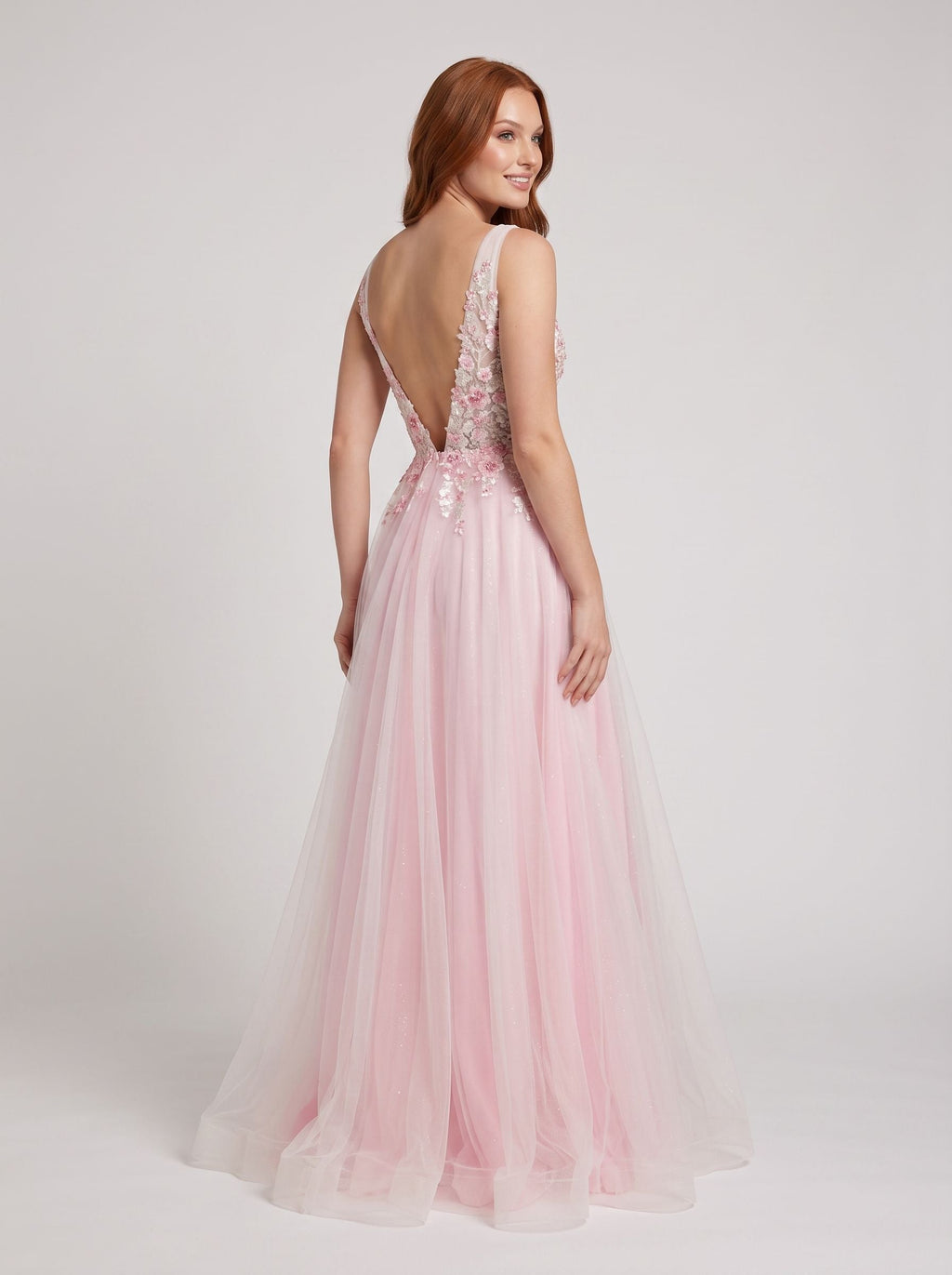 Blush Tulle A-Line V-Neck V-Back Floor-Length Dress with 3D floral appliques - Curvevia