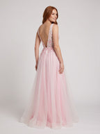 Blush Tulle A-Line V-Neck V-Back Floor-Length Dress with 3D floral appliques - Curvevia