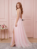Blush Tulle A-Line V-Neck V-Back Floor-Length Dress with 3D floral appliques - Curvevia