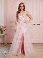 Blush Tulle A-Line V-Neck V-Back Floor-Length Dress with 3D floral appliques - Curvevia